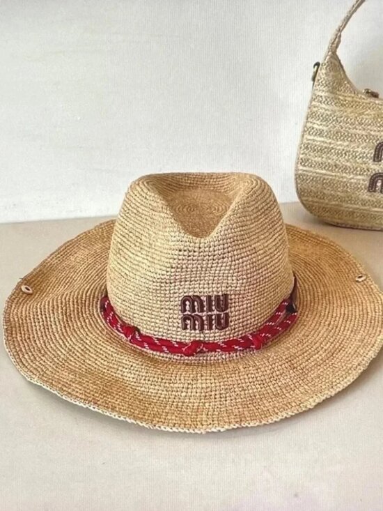 Miu Miu Accessories - Miu Miu Natural Straw Hat with Red Braided Trim